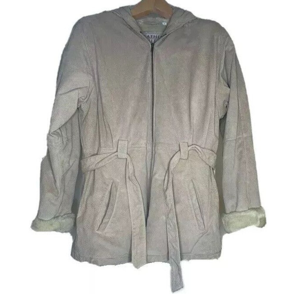 Leather Limited GENUINE SUEDE Jacket Womens M Beige Hood Belt Faux Fur Lined
